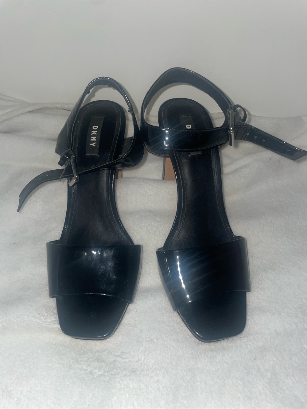 DKNY Black Patent Leather Square-Toe Ankle-Strap Heels